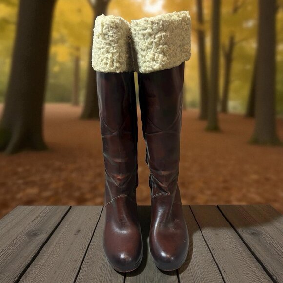 Vintage Leather Boots Late 60’s-70’s Chunky Heel Shearling Cuff Size 7 USA - Picture 3 of 4